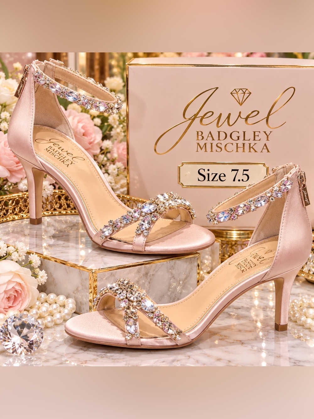 Jewel by Badgley Mischka Blush Pink Satin Rhinestone 3” Heels Size 7.5 NWOB